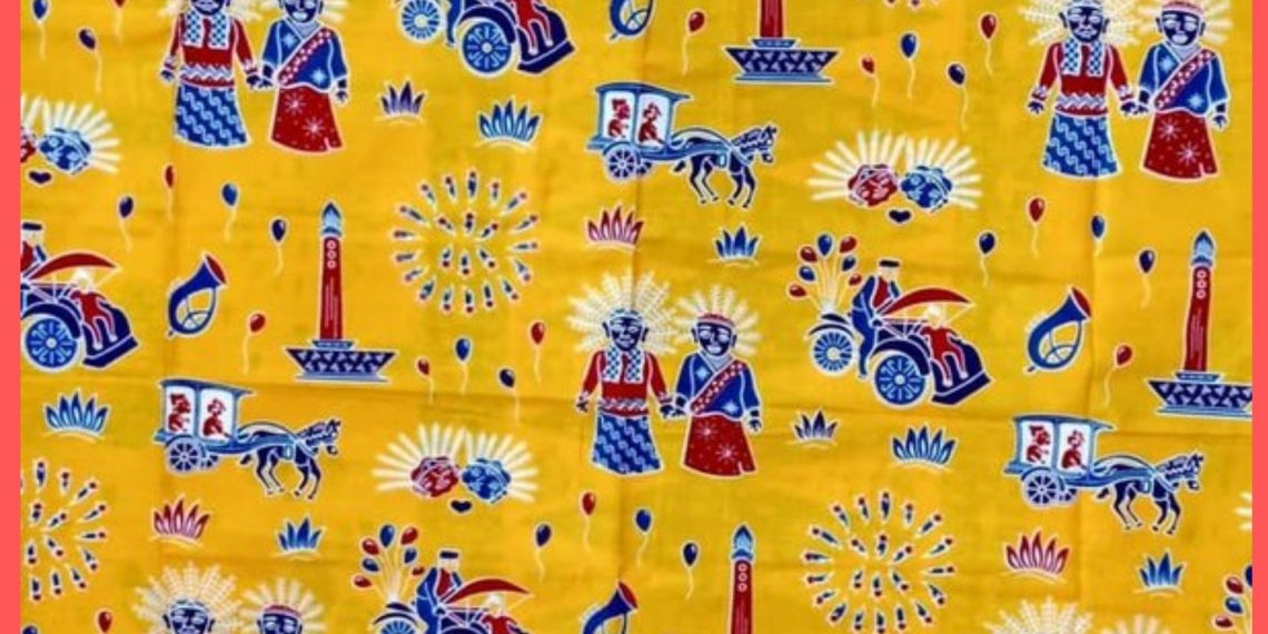 Salah satu moif batik Betawi dengan ciri khas Ondel-Ondel dan pohon kelapa / edit by. Canva